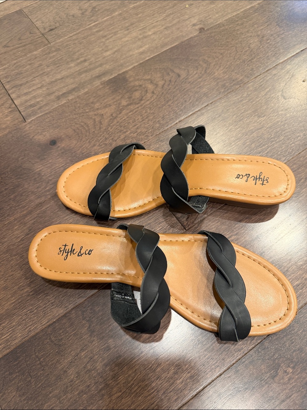 Style & Co. Black Braided Slide Sandals with Tan Footbed